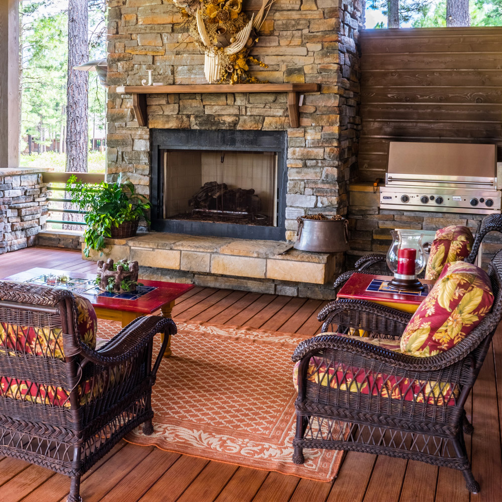 Outdoor living room with fireplace